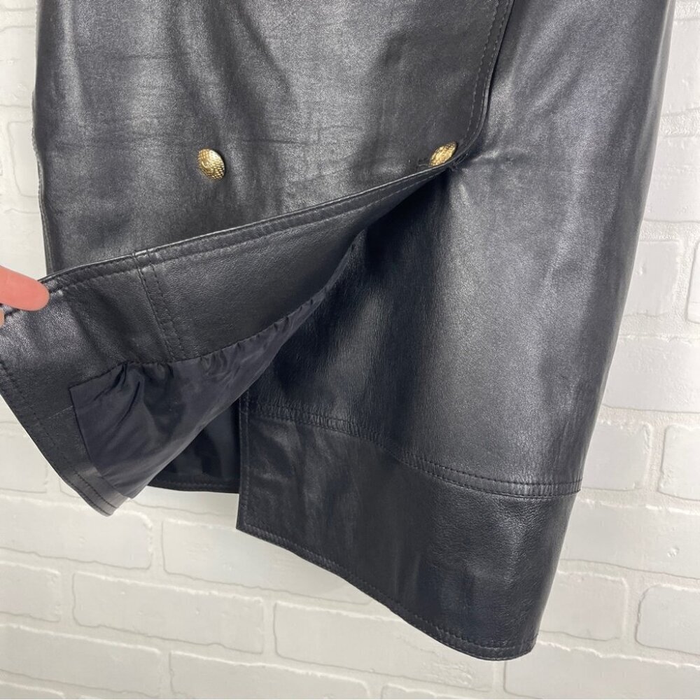 ❌SOLD❌ Black 100% Leather Wrap pencil skirt gold buttons office Made in Italy - Picture 4 of 8